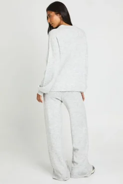 Ensemble Coordonné Grande Taille Synthétiquell Tricoté Ultra Doux Col V Avec Col Ouvert Et Pantalon Jambe Droite