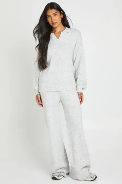 Ensemble Coordonné Grande Taille Synthétiquell Tricoté Ultra Doux Col V Avec Col Ouvert Et Pantalon Jambe Droite