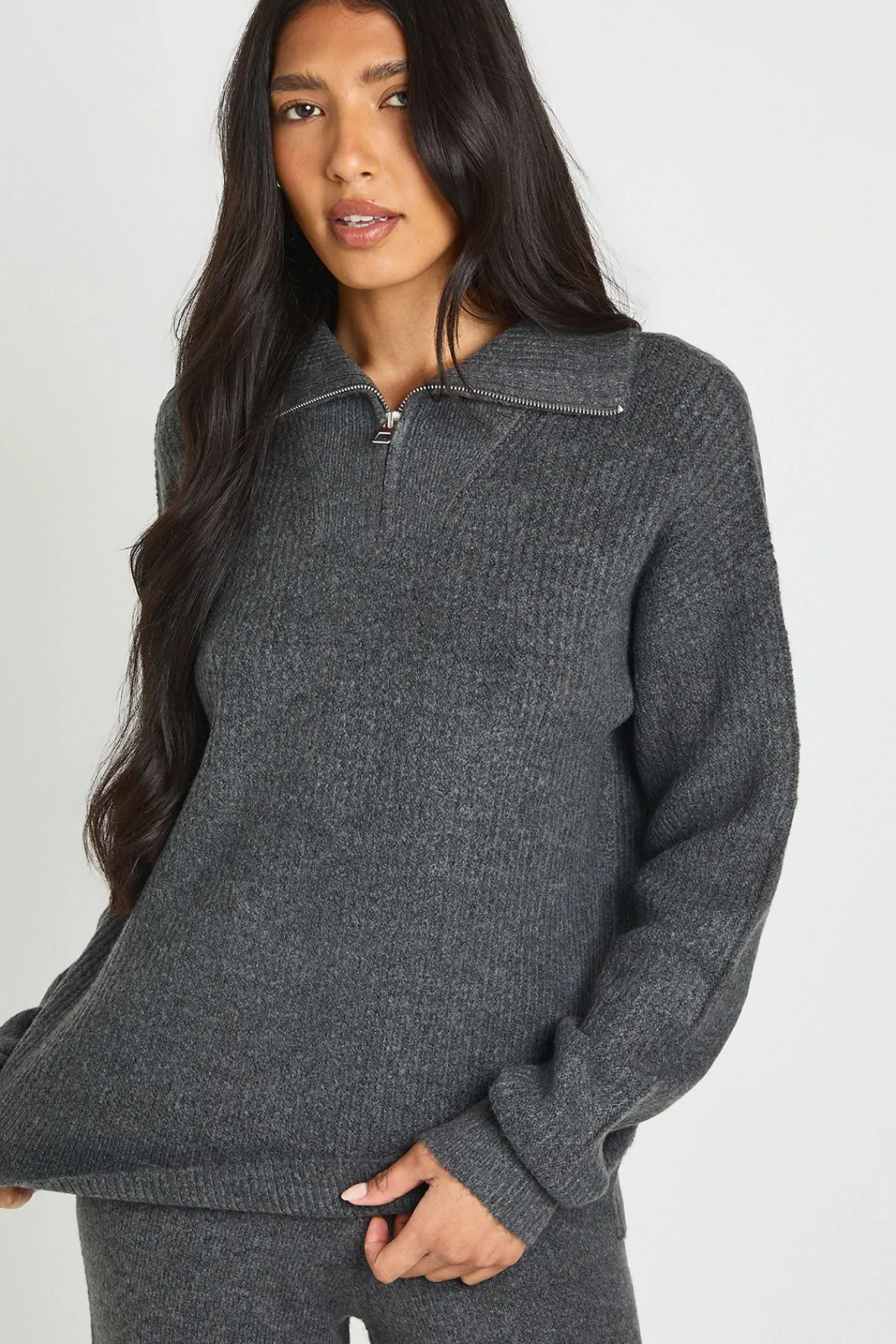 boohoo Ensemble Coordonné Grande Taille Synthétiquell Surdimensionné Col Zippé Et Pantalon En Maille Épaisse<Femme Pulls Et Gilets|Toutes Les Mailles
