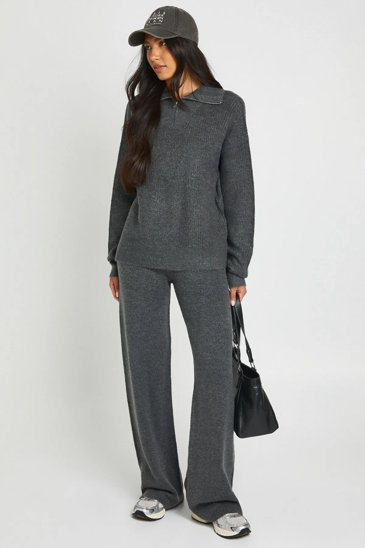 boohoo Ensemble Coordonné Grande Taille Synthétiquell Surdimensionné Col Zippé Et Pantalon En Maille Épaisse<Femme Pulls Et Gilets|Toutes Les Mailles