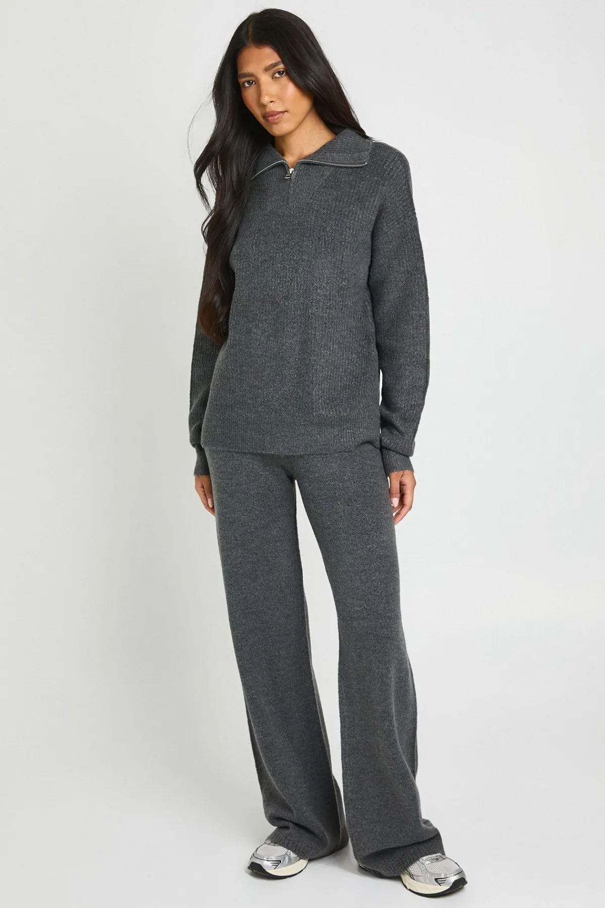 boohoo Ensemble Coordonné Grande Taille Synthétiquell Surdimensionné Col Zippé Et Pantalon En Maille Épaisse<Femme Pulls Et Gilets|Toutes Les Mailles