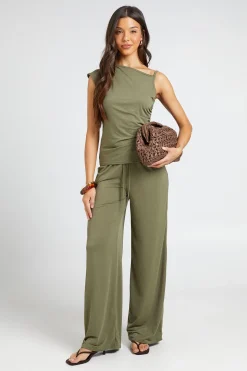 Ensemble Coordonné Haut Asymétrique Froncé Sur Le Côté Et Pantalon