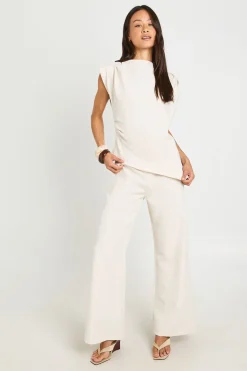 boohoo Ensemble Coordonné Haut Asymétrique À Épaulettes Et Pantalon Droit Long<Femme Tons Neutres|Ensembles