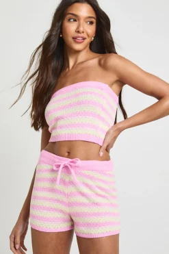 boohoo Ensemble Coordonné Haut Bandeau Et Short Mini En Tricot À Rayures Vagues Au Crochet<Femme Tenues De Plage|Pulls Et Gilets