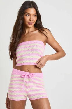boohoo Ensemble Coordonné Haut Bandeau Et Short Mini En Tricot À Rayures Vagues Au Crochet<Femme Tenues De Plage|Pulls Et Gilets