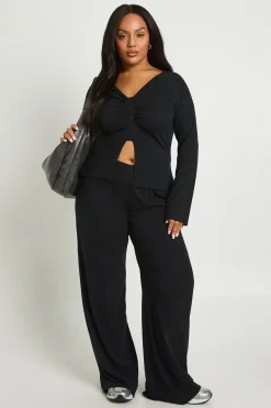 boohoo Ensemble coordonné : haut à boutons traversants en tissu côtelé ultra-doux avec détails froncés & pantalon à jambe large<Femme Ensembles
