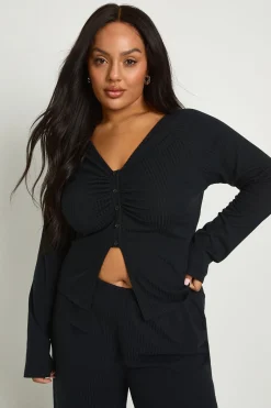 boohoo Ensemble coordonné : haut à boutons traversants en tissu côtelé ultra-doux avec détails froncés & pantalon à jambe large<Femme Ensembles