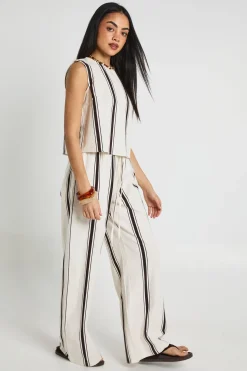 Ensemble Coordonné Haut Boxy Et Pantalon Large À Rayures Effet Lin
