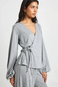 Ensemble Coordonné Haut Cache-Cœur à Taille Nouée et Pantalon Chiné