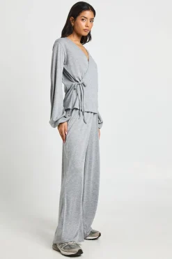 Ensemble Coordonné Haut Cache-Cœur à Taille Nouée et Pantalon Chiné