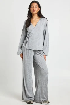 Ensemble Coordonné Haut Cache-Cœur à Taille Nouée et Pantalon Chiné