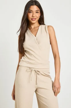Ensemble Coordonné Haut Cache-cœur Col V À Ourlet Profond Et Pantalon Large