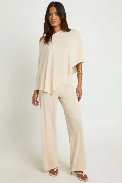 Ensemble Coordonné Haut Cape Texturé Épaules Dénudées Et Pantalon Large