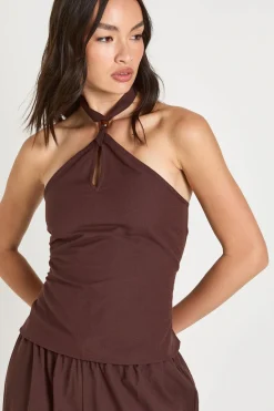 Ensemble Coordonné Haut Col Licou Perlé Aspect Lin Et Pantalon Ample