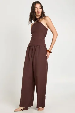 Ensemble Coordonné Haut Col Licou Perlé Aspect Lin Et Pantalon Ample