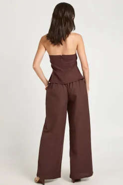 Ensemble Coordonné Haut Col Licou Perlé Aspect Lin Et Pantalon Ample