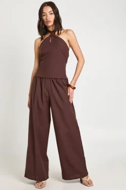 Ensemble Coordonné Haut Col Licou Perlé Aspect Lin Et Pantalon Ample