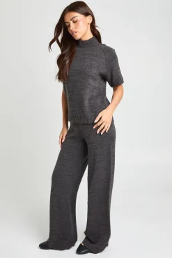 Ensemble Coordonné Haut Col Montant En Maille Et Pantalon Large