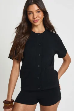 boohoo Ensemble Coordonné Haut Col Rond Côtelé Boutonné Et Micro Short<Femme Pulls Et Gilets|Toutes Les Mailles
