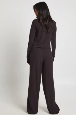 Ensemble Coordonné Haut Côtelé Manches Longues Boutonné Et Pantalon Jambes Larges Taille Haute