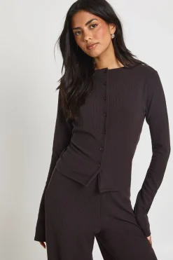 Ensemble Coordonné Haut Côtelé Manches Longues Boutonné Et Pantalon Jambes Larges Taille Haute