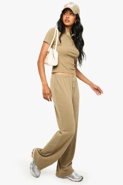 Ensemble Coordonné Haut Côtelé À Manches Courtes Col Henley Boutonné Et Pantalon Droit