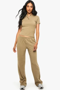 Ensemble Coordonné Haut Côtelé À Manches Courtes Col Henley Boutonné Et Pantalon Droit