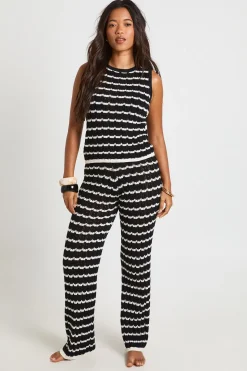Ensemble Coordonné Haut En Maille Rayée Au Crochet Et Pantalon Large