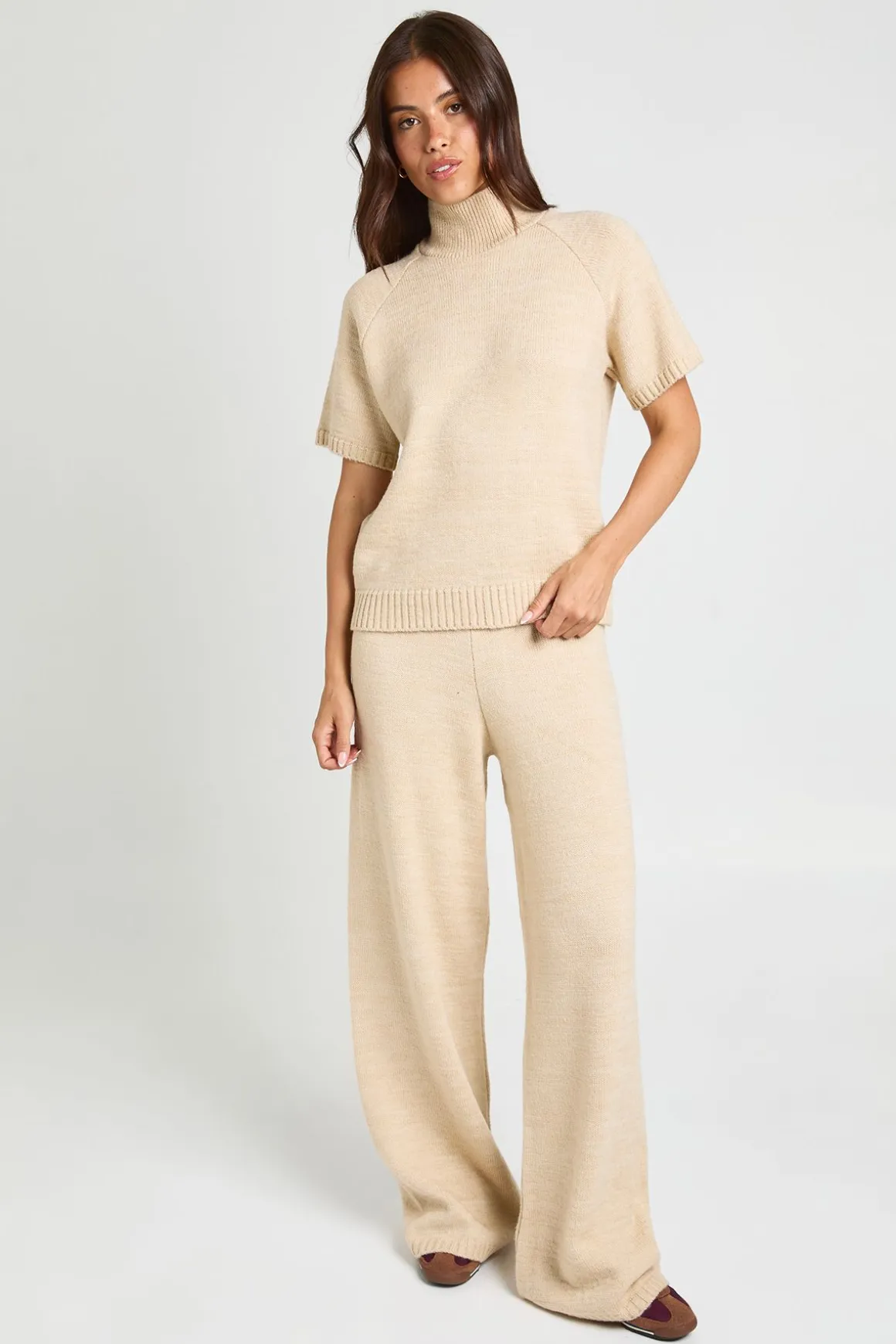 Ensemble Coordonné Haut En Maille Col Montant Et Pantalon Large