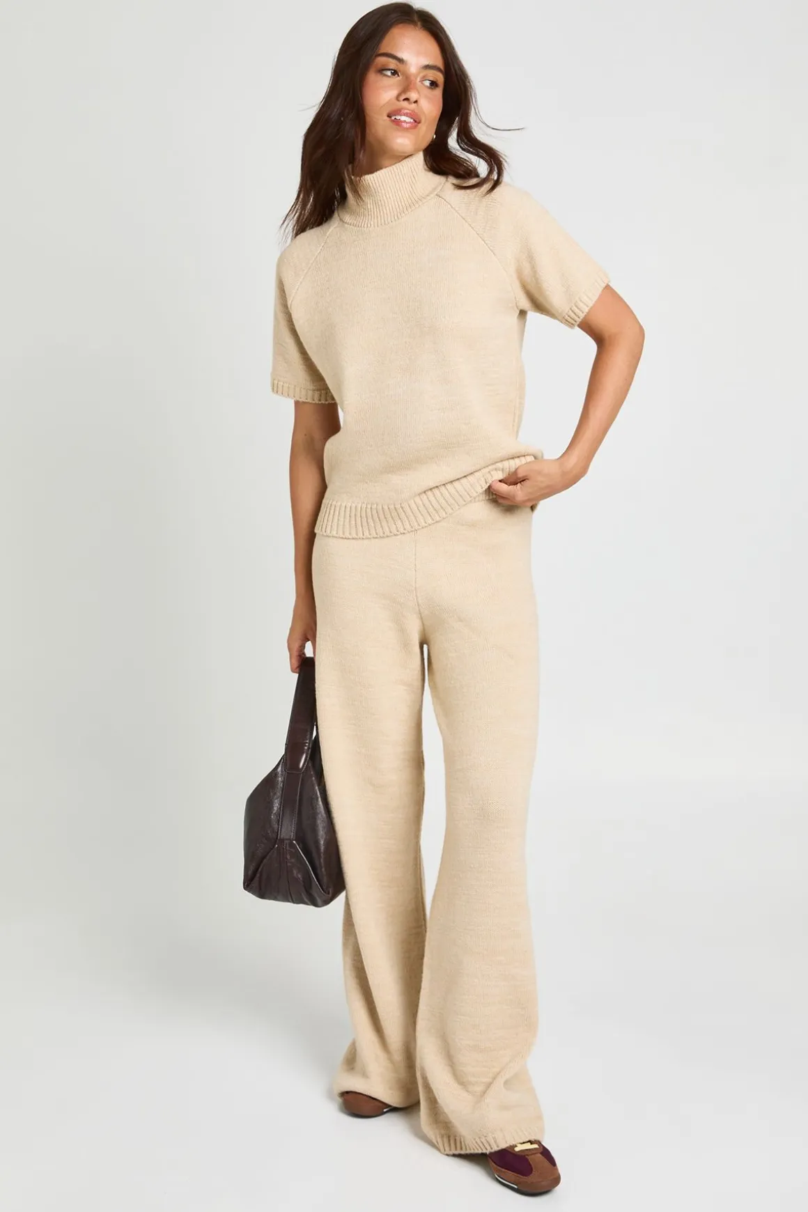Ensemble Coordonné Haut En Maille Col Montant Et Pantalon Large