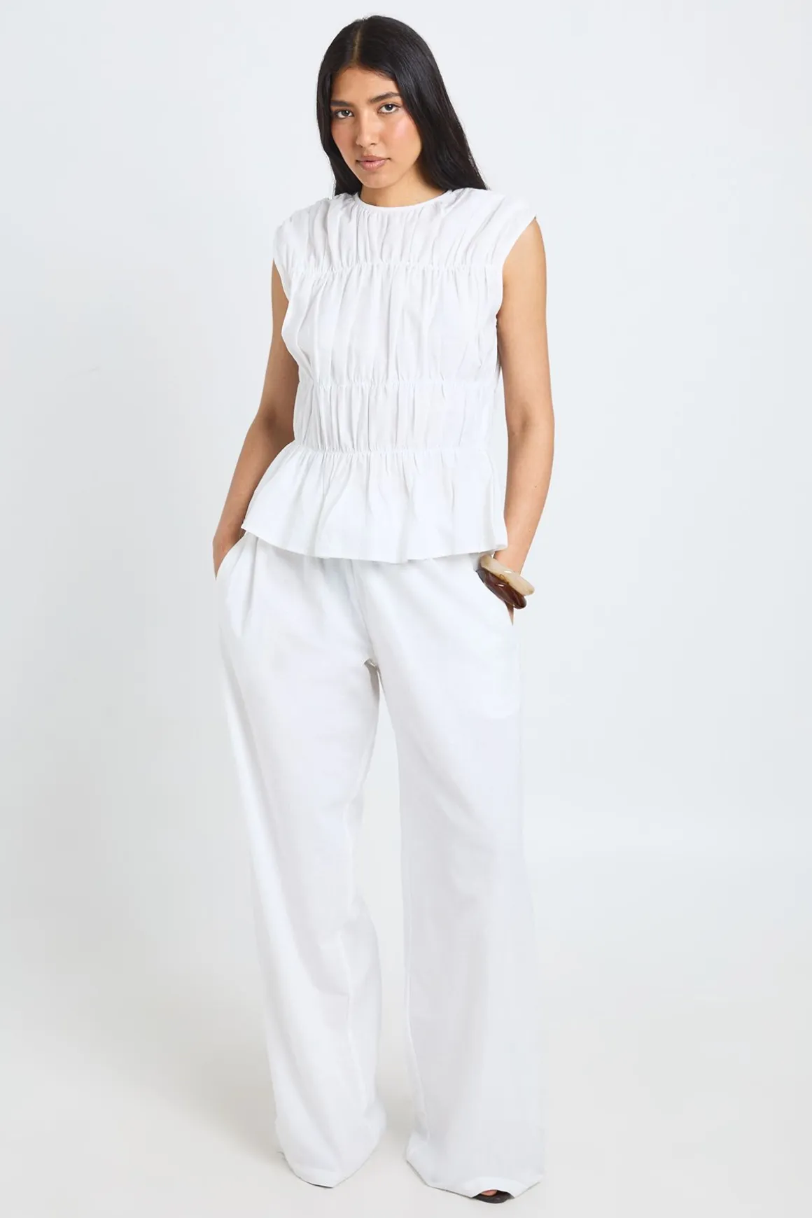Ensemble Coordonné Haut Froncé Et Pantalon Large Aspect Lin Tall