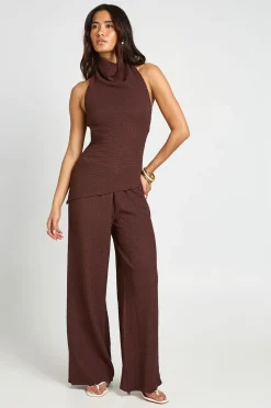 Ensemble Coordonné Haut Long Col Montant Et Pantalon En Tissu Froissé