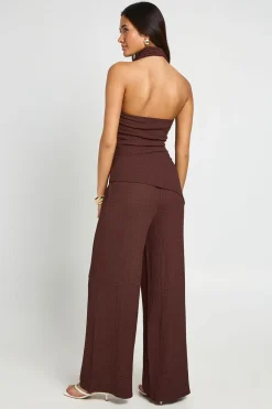 Ensemble Coordonné Haut Long Col Montant Et Pantalon En Tissu Froissé