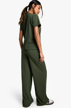 Ensemble coordonné haut à manches courtes en côtes avec nœud à l'avant et pantalon