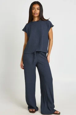 Ensemble Coordonné Haut À Manches Courtes Plissé Et Pantalon Large