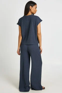 Ensemble Coordonné Haut À Manches Courtes Plissé Et Pantalon Large