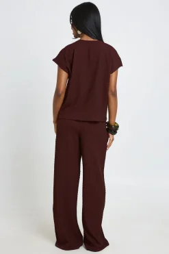 Ensemble Coordonné Haut À Manches Courtes Et Pantalon Large En Tissu Froissé