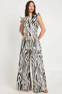Ensemble Coordonné Haut À Épaules Nouées Et Pantalon À Jambes Extra Larges Imprimé Zèbre Aspect Lin