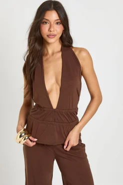 boohoo Ensemble Coordonné Haut Péplum Dos Noué Et Pantalon À Col Licou<Femme Ensembles