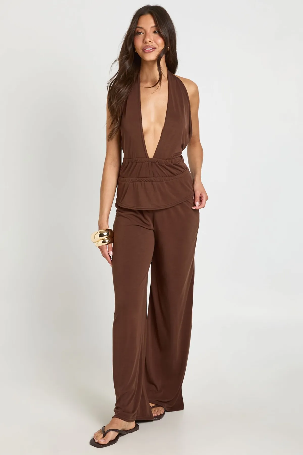boohoo Ensemble Coordonné Haut Péplum Dos Noué Et Pantalon À Col Licou<Femme Ensembles