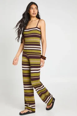 Ensemble Coordonné Haut Rayé Côtelé Long Et Pantalon Large