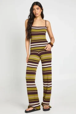 Ensemble Coordonné Haut Rayé Côtelé Long Et Pantalon Large