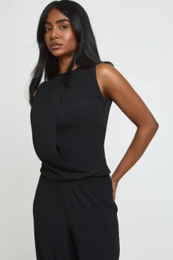 Ensemble Coordonné Haut Sans Manches Cache-cœur Col Montant Et Pantalon Large