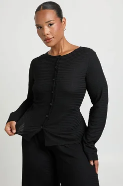 Ensemble Coordonné Haut Texturé À Manches Longues Boutonné Et Pantalon Large