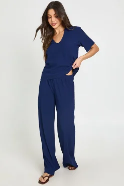 Ensemble Coordonné Haut Texturé À Col Et Pantalon Droit