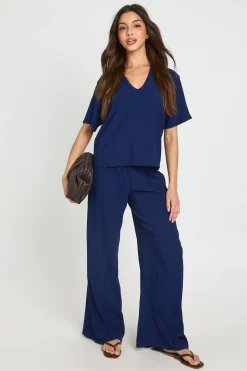 Ensemble Coordonné Haut Texturé À Col Et Pantalon Droit