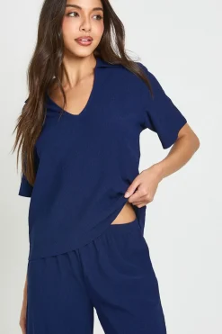 Ensemble Coordonné Haut Texturé À Col Et Pantalon Droit