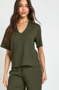 Ensemble Coordonné Haut Texturé À Col Et Pantalon Droit