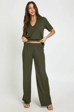 Ensemble Coordonné Haut Texturé À Col Et Pantalon Droit