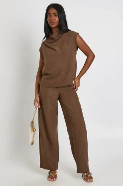 Ensemble Coordonné Jambes Larges Drapé Col Bénitier Effet Pêche